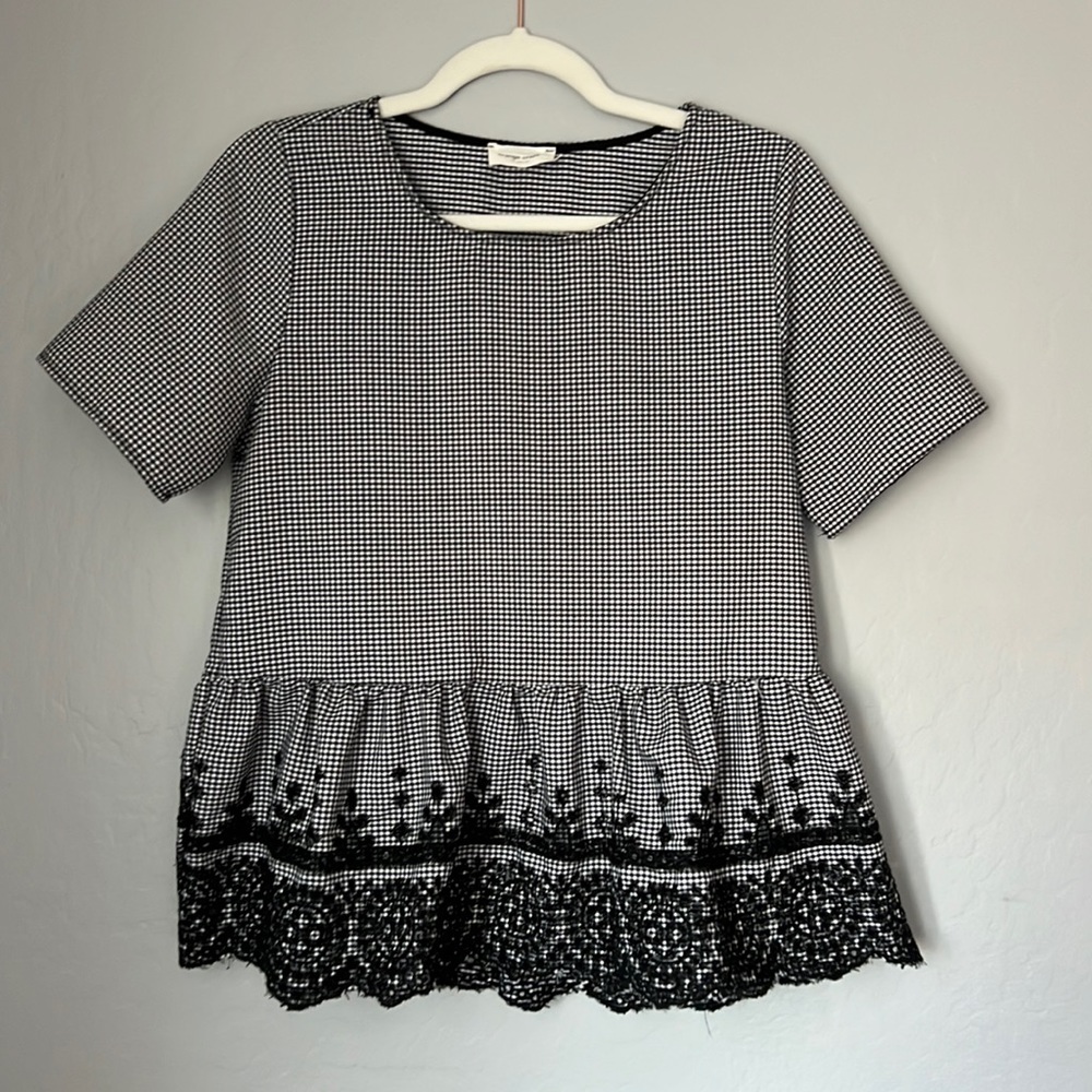 Small Gingham Black and White Peplum Top with Embroidery
